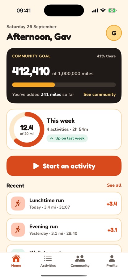 The app's home screen: the community total, your week and recent activities
