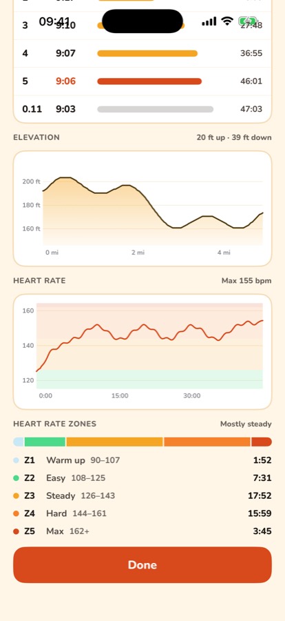 A saved run with its elevation and heart rate charts