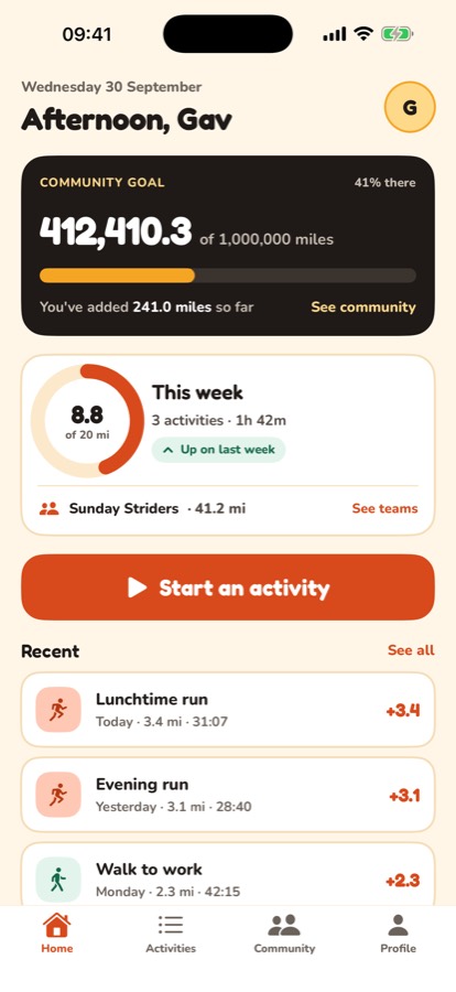 The Home screen: the community total, your week, and the Start an activity button