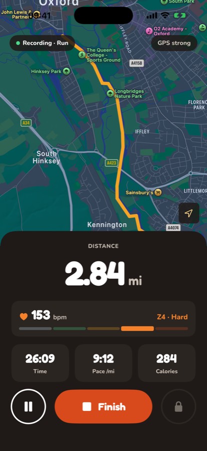 Recording a run: the route on a map, with distance, time, pace and heart rate