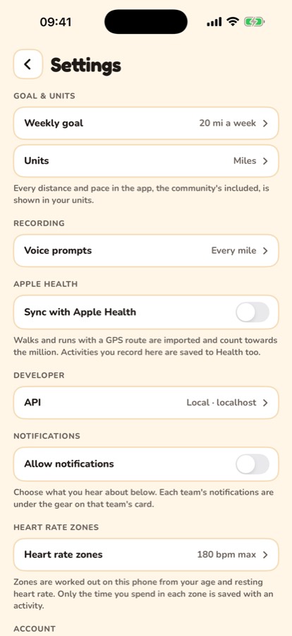 Million Miles settings, with the Sync with Apple Health switch