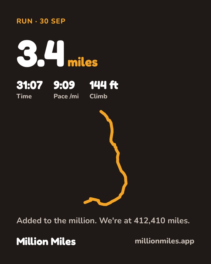 A shared picture of a run: 3.4 miles, the time, pace and climb, and the route